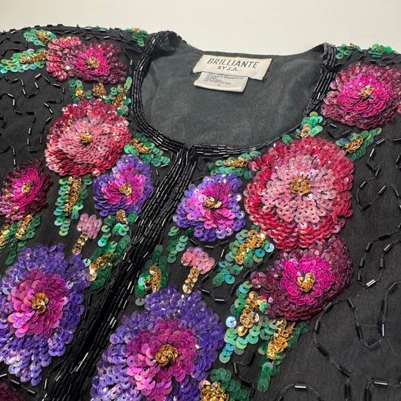 VTG BRILLIANTE BY J.A Silk Sequin Jacket Beaded Floral 80’s 90’s Glams Retro L - Picture 7 of 10